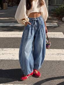 Women's Casual Wide Leg Jeans, Drawstring Waist With Pockets, Loose Fit Long Vintage Style Pants - Medium - View 3