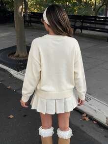 Women's Crew Neck Teddy Bear Print Long Sleeve Pullover Sweater, White, Collegiate Style Top Fall - White - View 7