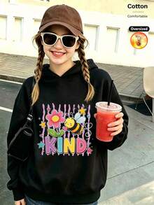 2026 Autumn/Winter Custom Loose Black Sweatshirt, Girls' Style, Cute Cartoon Design With Flowers, Little Bees And Colorful KIND Lettering - Black - View 3