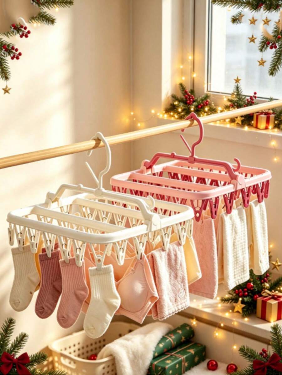 1/2pcs Multi-Functional Folding Drying Rack, For Drying Socks, Underwear, Towels, Windproof Folding Clothes Hanger, Compact And Convenient - Random Color Sent - View 1