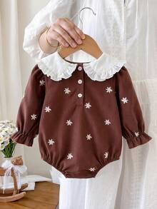 1pc Baby Girl Sweet Floral Print Ruffle Peter Pan Collar Long Sleeve Ribbed Bodysuit, Suitable For Spring Daily Casual Wear - Brown - View 3