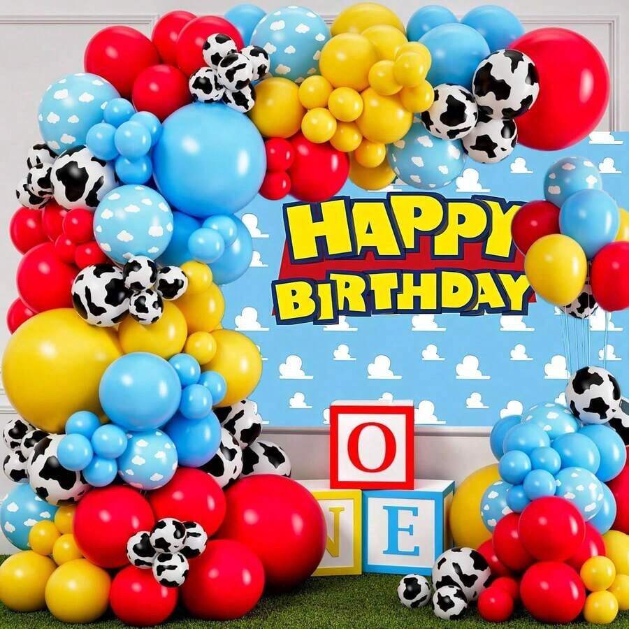 100pcs Balloon Garland Arch Kit, Red Yellow Blue Cow Print Cloud Latex Balloon Arch Kit, Perfect For Birthday Party Decorations, Shower Decorations, Cartoon Game Cowboy Theme Party Decorations - Balloon Set - View 1