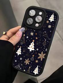 Matte Stepped Eye Frame Phone Case, Black Matte Phone Case, Gold Snowflake & Christmas Tree Pattern Anti-Drop Soft TPU Phone Protective Cover, Raised Camera Frame Anti-Drop Protection Women's Phone Case, Compatible With Apple 11, 12, 13, 14, 15, 16, 17, 18 Pro Max. Minimalist Neutral Style Phone Case, Specially Designed For Women - Black - View 5