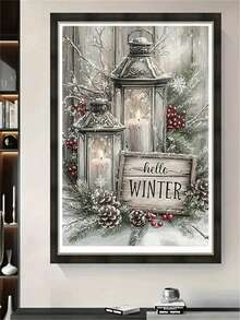 1pc Diamond Painting Kit, Vintage Winter Candle Holder Diamond Art, Holiday Atmosphere Living Room Entryway Decor Painting, Handmade DIY Rhinestone Decor Wall Art - round diamond - View 4