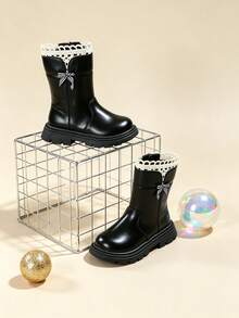 Autumn/Winter Girls' Boots With Side Zipper, Black Tall Boots, Princess Style, Thermal Lined, Suitable For Daily Wear - Black - View 5