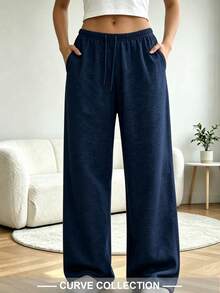 Plus Size Women's Solid Color Drawstring Waist Casual Daily Long Pants - Navy Blue - View 2