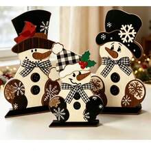 Wooden Christmas Snowman Desktop Decor Set, Black & White Plaid Bow Tie Snowman Standing Wooden Slice Ornament, Winter Holiday Home Decoration - 3pcs - View 2