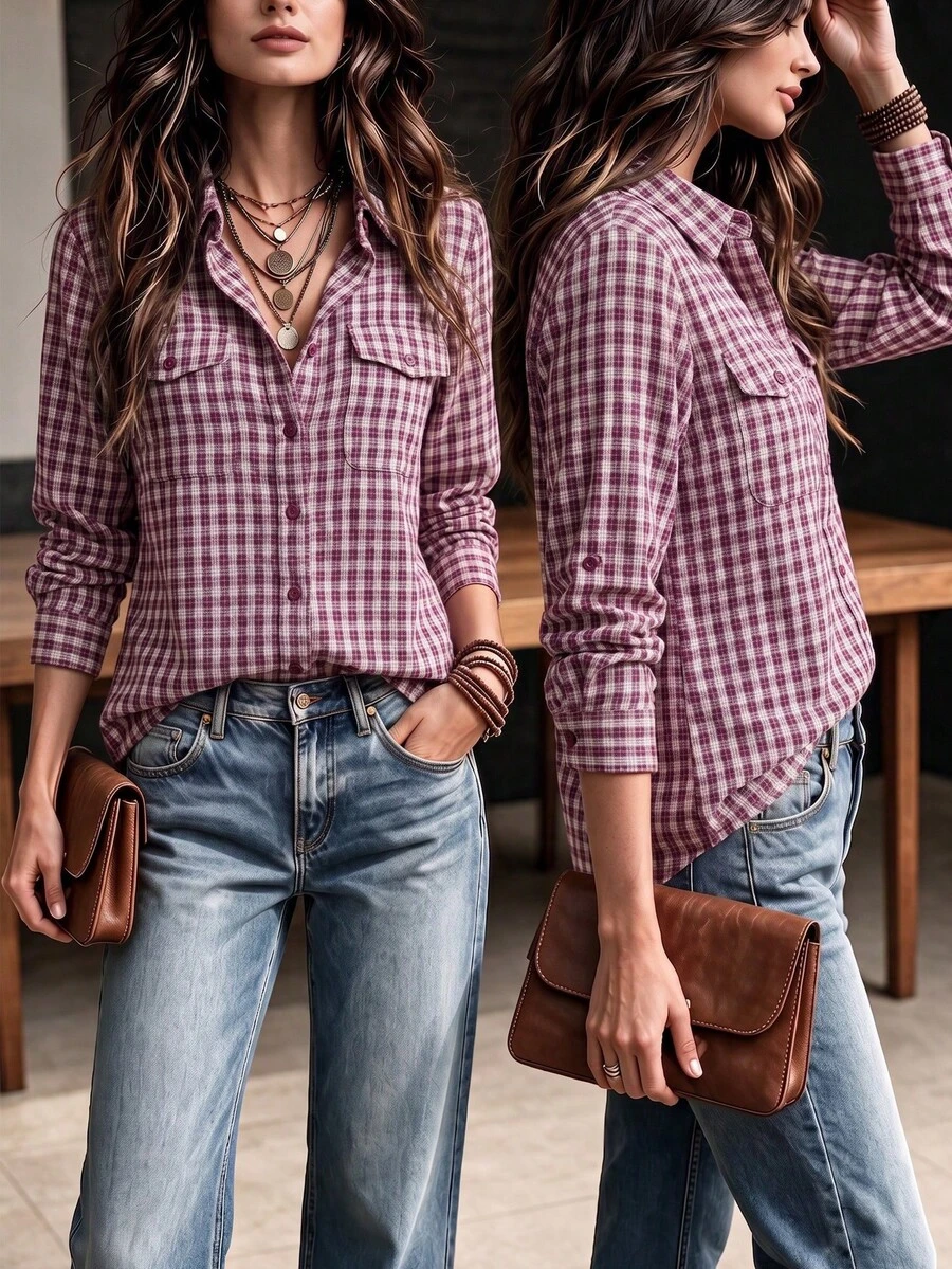 Women's Plaid Casual Versatile Daily Wear Shirt - Burgundy - View 1