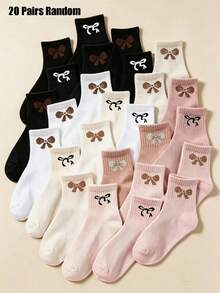 5/10/20 Pairs Random Color Mid-Calf Socks, Bow Pattern, Black White Gray Earth Tone Pink, Baby Girl Party Halloween Christmas Holiday Gift - Multicolor - View 5