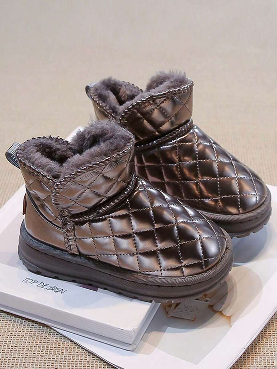 兒童款絎縫短筒雪地靴,厚抓絨內裡防滑冬季鞋 - 灰色 - 查看 1