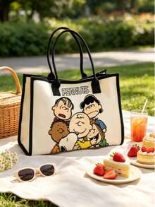 1pc Snoopy Peanuts Cartoon Character Pattern Canvas Tote Bag, Black Trim Large Handle Shoulder Bag, Casual Daily Shopping Handbag, Suitable As Christmas Gift Bag - Multicolor - View 1