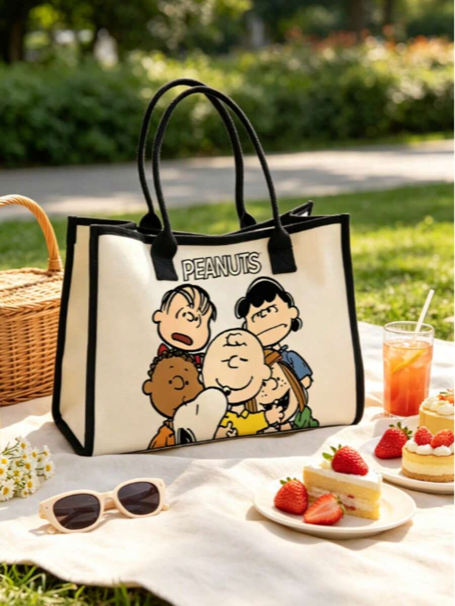 1pc Snoopy Peanuts Cartoon Character Pattern Canvas Tote Bag, Black Trim Large Handle Shoulder Bag, Casual Daily Shopping Handbag, Suitable As Christmas Gift Bag - Multicolor - View 1