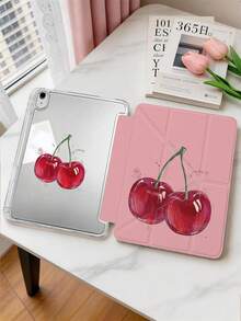 1pc Red Big Cherry Tablet Case Compatible With IPad Mini6/Mini7/10.2/10.5/10.9 (Air4-Air8)/Pro 11/10th Gen/A16/Pro 11 2024 Models, Double-Sided Painted Pattern, Transparent Acrylic Back Shell, Silk Texture 8-Fold Stand, Auto Sleep/Wake, Built-In Pencil Slot, Pencil Not Included, Some Models With Camera Frame - Multicolor - View 4