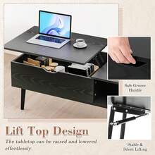Mesa elevable de madera color negro, mesita de centro con compartimentos de almacenamiento, mesa de centro multifunción con compartimento oculto y estante amplio para sala de estar y oficina en casa - Negro - Ver 2