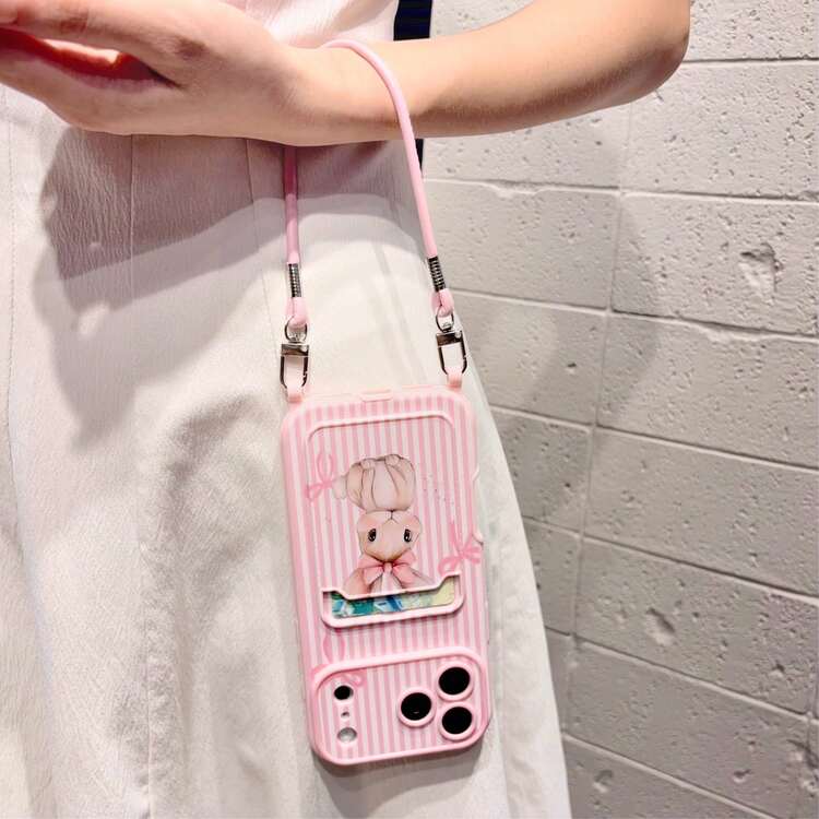 1pc Pink Card Slot Rabbit Striped Letter Painted Pattern Element Camera Glossy Ring Design Classic Anti-Drop Soft Card Slot Short Lanyard Leather Phone Case Compatible With Apple 17Pro/17/Air/17Promax/11/12/13/14/16 Pro Max/16 Pro/15 Series Lens Protection, Holiday Gift - Pink - View 5