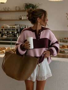 Colorblock Button Half-Placket Long Sleeve Drop Shoulder Pullover Sweater - Pink - View 3