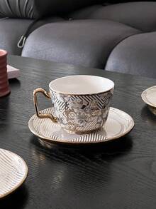 A Set Of Gold-Rimmed Floral Coffee Cup And Saucer, Suitable For Various Cold And Hot Beverages Such As Milk, Coffee, Hot Chocolate, Juice, Latte, Etc., Perfect Gift For Friends And Family During Holidays. - Multicolor - View 1