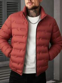 Men's Lightweight Casual Versatile Cotton Padded Stand Collar Jacket Coat, Suitable For Daily Wear, Commuting And Outdoor - Red - View 1