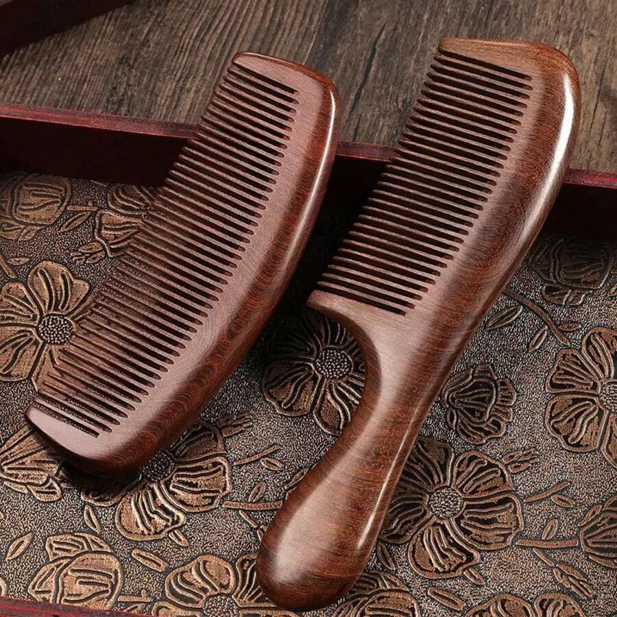 1pc Natural Wood Fine-Tooth Comb, Anti-Static, Reduces Hair Loss, Portable Design, Specially For Women With Long Hair - Multicolor - View 1