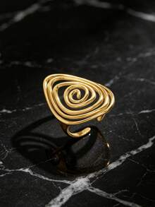 SEEKGLEE 1pc Golden Spiral Swirl Open Ring, Bohemian Style Stainless Steel Adjustable Statement Ring For Wome - Yellow Gold - View 4