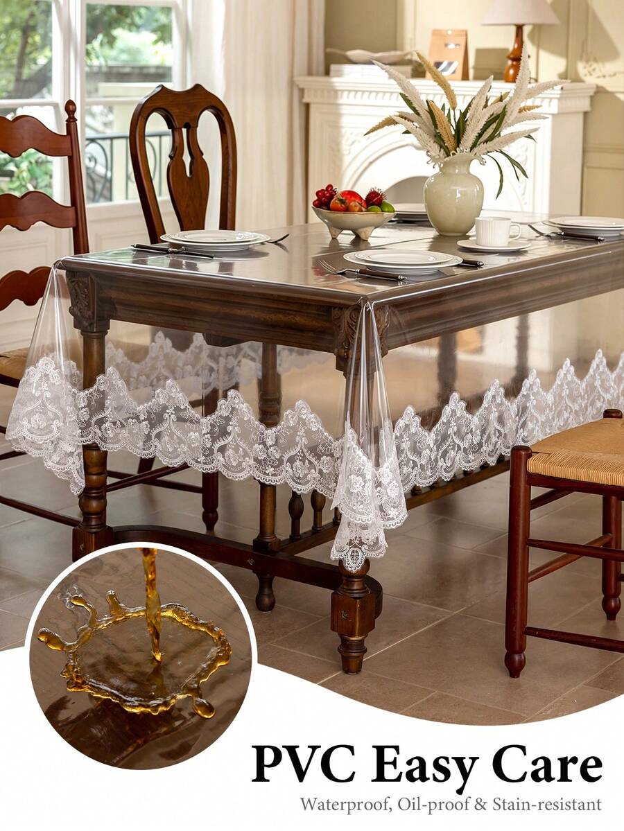 1pc Transparent PVC Lace Embroidered Trim Tablecloth, Table Mat, Stain-Resistant, Anti-Dirt, Dining Table Side Cabinet Decorative Tablecloth - White - View 1