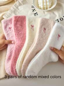 1/3/5 Pairs Mink Fur Bowknot Plush Mid-Calf Socks, Cute Sweet Thickened Warm Home Sleep Socks With Bowknot Pattern, Soft And Comfortable, Suitable For Autumn/Winter - Multicolor - View 11
