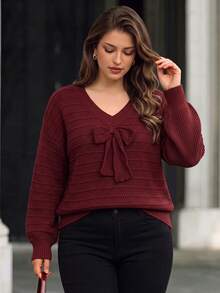 Women's Plus Size Long Sleeve Bow V-Neck Pullover Casual Slouchy Autumn/Winter - Burgundy - View 5