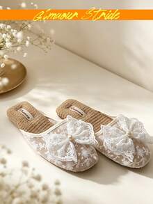 Women's Romantic Bridal Slippers, White Lace Bow & Pearl Decor, Closed-Toe Mule Slippers, Breathable Mesh Straw Insole, Non-Slip Indoor Home Slippers, Suitable For Wedding Guests & Bedroom Wear - White - View 3