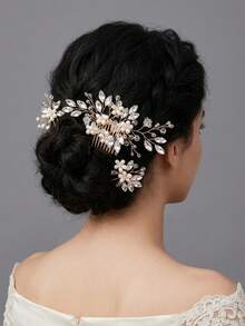 3pcs Elegant Faux Pearl Transparent Beaded Flower Hair Comb & Hair Stick Set, Handmade Woven Alloy Updo Hair Accessories For Wedding, Party, Bride - Gold - View 4