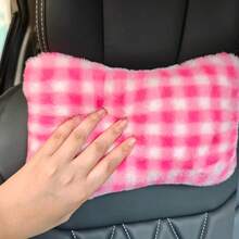 1pc Sweet Checkerboard Plush Car Seat Neck Pillow, Travel Relaxation Head & Neck Support Pillow, Soft & Comfortable Car Headrest - A - View 4