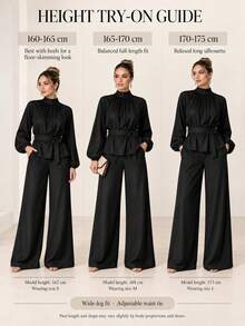 2pcs Solid Color Elegant Party Ruched Bust Tie Long Sleeve Top & Wide Leg Pants Set For Women, Beach, Evening, Date, Vacation, Early Autumn Black - Black - View 5