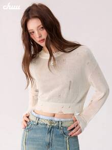 CHUU Women's Hollow Out Distressed Knit Sweater, Autumn Sweet & Cool Loose Fit Versatile Design Crop Top - Apricot - View 1