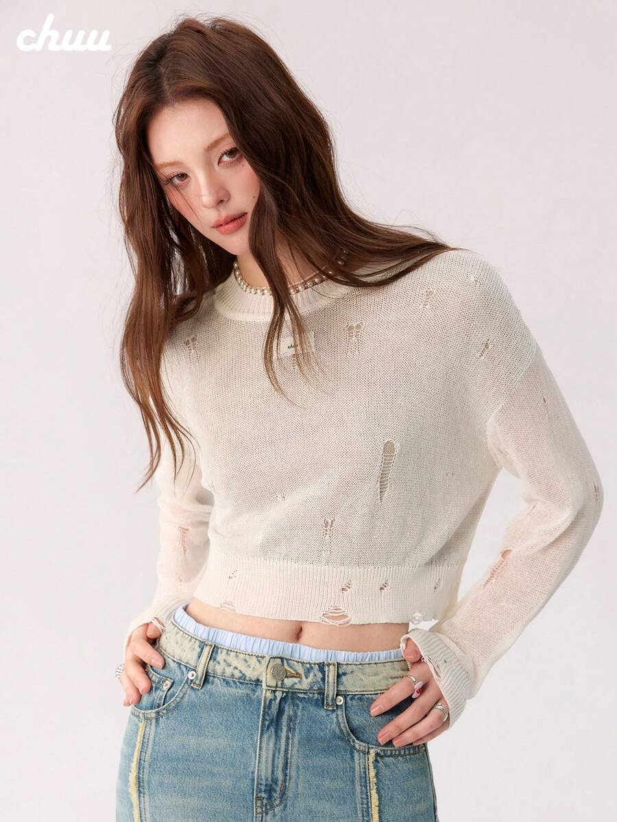 CHUU Women's Hollow Out Distressed Knit Sweater, Autumn Sweet & Cool Loose Fit Versatile Design Crop Top - Apricot - View 1