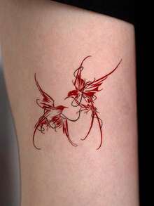 1pc Temporary Tattoo Sticker, Red Double Swallows Line Art Pattern, Realistic Tattoo Design, Suitable For Daily Wear, Bachelorette Party Favors, Music Festivals, Games, Graduation Gifts, Lasts 3-5 Days - Red - View 5