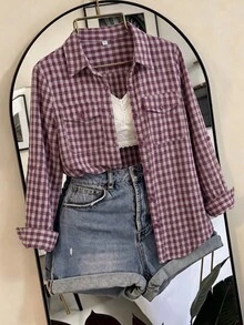 Women's Plaid Casual Versatile Daily Wear Shirt - Burgundy - View 8