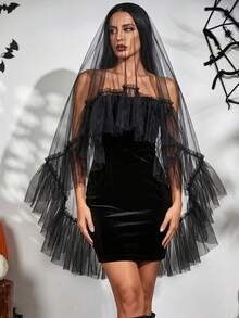 1pc Black Mesh Ruched Blusher Bridal Veil With Hair Comb, For Wedding, Bachelorette Party, Halloween Costume Headpiece - Black - View 2