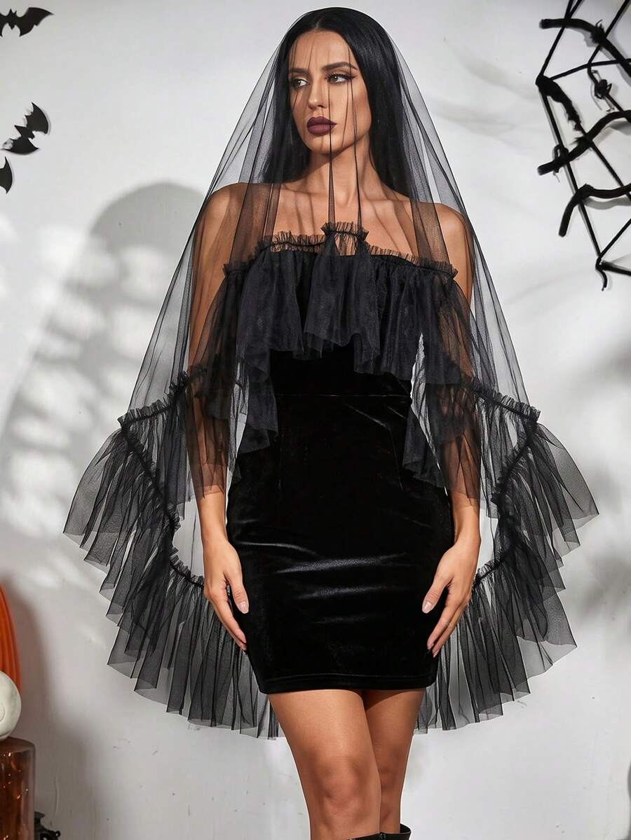 1pc Black Mesh Ruched Blusher Bridal Veil With Hair Comb, For Wedding, Bachelorette Party, Halloween Costume Headpiece