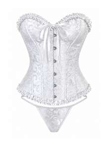 Yuwenier White Lace Bustier Top, Heart-Shaped Neckline, Front Bow Satin Ribbon With Metal Buttons, Fishbone Support Ruffle Hem Slim Fit Corset, Suitable For Halloween Costume Party, Free Panties - White - View 7
