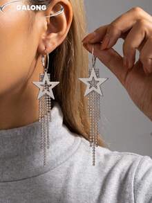 Women's Long Tassel Earrings With Star & Rhinestones, Hollow Pentagram Multi-Drip Rhinestone Exaggerated Earrings, Sparkling Earrings For Evening Party - Silver - View 1