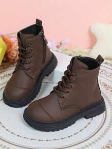 Autumn/Winter New Girls' All-Match Short Boots, Solid Color Minimalist Design, Side Zipper For Easy On/Off, Thick Sole Anti-Slip, Versatile For Daily School And Outings, Children's Boots - Brown - View 1