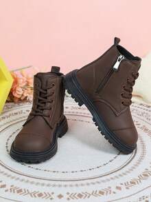 Autumn/Winter New Girls' All-Match Short Boots, Solid Color Minimalist Design, Side Zipper For Easy On/Off, Thick Sole Anti-Slip, Versatile For Daily School And Outings, Children's Boots - Brown - View 4