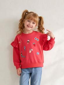 Girls Round Neck Long Sleeve Sweatshirt With Small Flutter Sleeves, Ruffle Hem, Mermaid, Flamingo, Ice Cream Multi-Element Embroidery, Loose Sweet Casual Pullover Sweatshirt For Toddlers And Young Children - Red - View 1