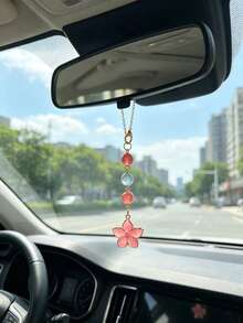 Pink Cherry Blossom Colorful Bead Car Hanging Ornament, Colorful Round Bead Chain Car Rearview Mirror Pendant, Sweet Cherry Blossom Design Car Rearview Mirror Hanging Decoration, Highly Attractive Women's Car Interior, Holiday Gift - Flowers - View 1
