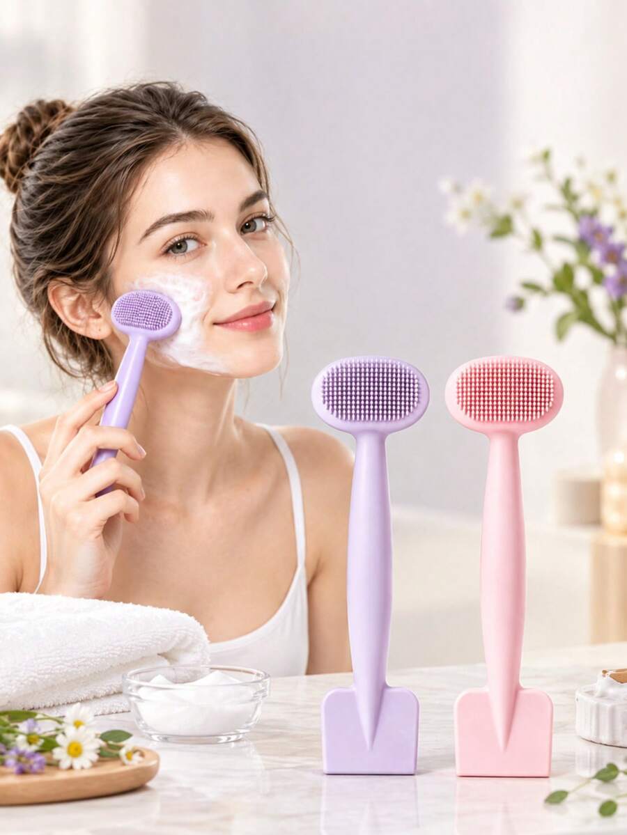 2pcs Dual-Head Silicone Face Cleansing Brushes, Soft Silicone Facial Cleansing Brush With Mask Scraper, Deep Cleansing Gentle Massage Mask Application Tool, Suitable For Daily Skincare - Multiple Styles - View 1