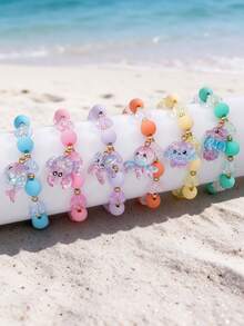 6Pcs/Set Kids Cute Ocean Animal Colorful Beaded Bracelet With Glitter Octopus Starfish Dolphin Charm Children Girls Holiday Party Accessories - Multicolor - View 1