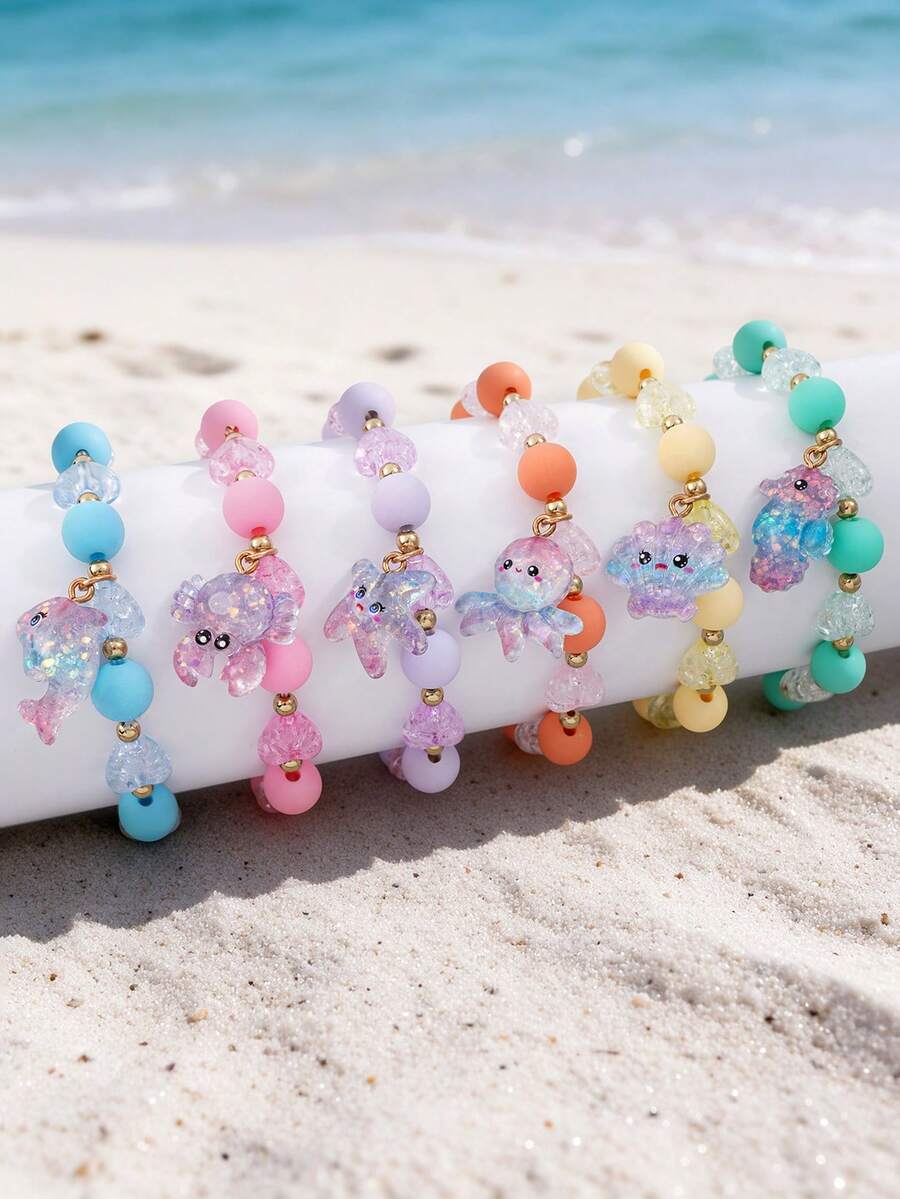 6Pcs/Set Kids Cute Ocean Animal Colorful Beaded Bracelet With Glitter Octopus Starfish Dolphin Charm Children Girls Holiday Party Accessories - Multicolor - View 1