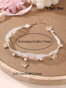 1pc/2pcs Girls Gentle Lace Choker Necklace With Faux Pearl Heart Pendant, Short Collarbone Chain Accessory, Sweet Girl Style - Multicolor - View 3