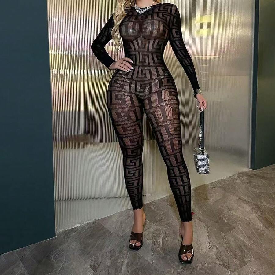 Erotic Underwear, Crotch-Closed Transparent One-Piece Mesh Garment With Mesh Holes, One-Piece Mesh Stockings. - Black - View 1
