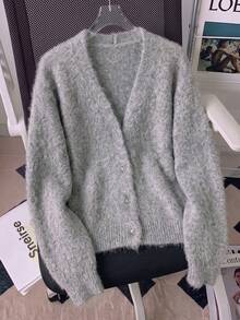Women's Grey Fuzzy Knit Cardigan, Button Design, Autumn/Winter Collegiate Style Back To School Holiday Outfit Sweater - Grey - View 6