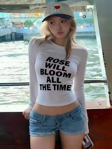 All-Match Versatile Black & White English Text Print Short Long Sleeve White T-Shirt, Slim Fit Elastic Inner Layer Outer Wear Sexy Girl Base Layer Autumn Top - White - View 6
